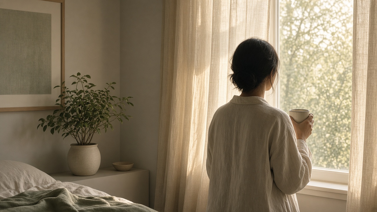 Quiet morning light — person with a mug by a window
